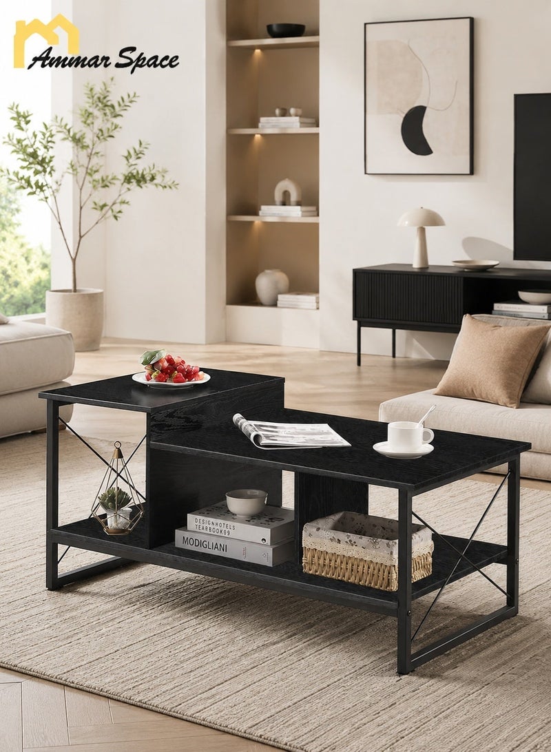 Ammar Space Center Table,Wood 2-Tier Coffee Table with Storage Shelf for Living Room,Office Reception, Metal Frame & Wooden Tabletop, Modern Design-Black - Image 1