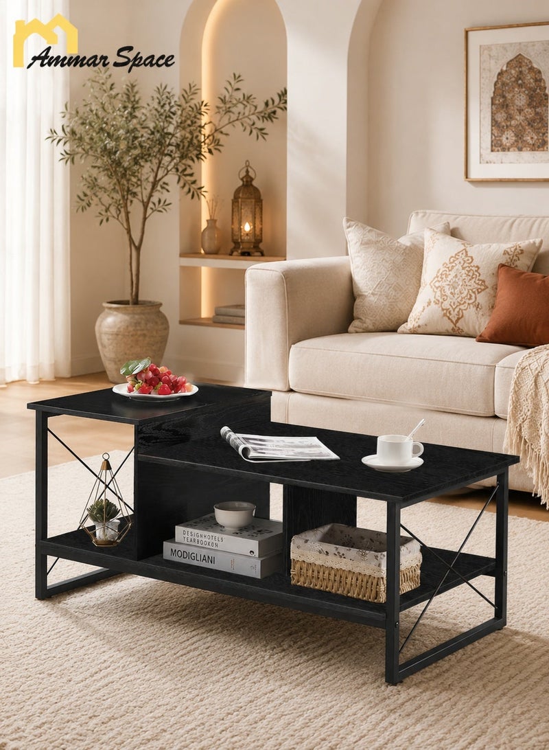 Ammar Space Center Table,Wood 2-Tier Coffee Table with Storage Shelf for Living Room,Office Reception, Metal Frame & Wooden Tabletop, Modern Design-Black - Image 2