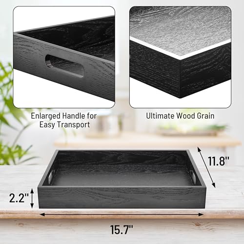 ATZYmolin Wood Serving Tray with Handles, Home Decorative Wooden Rectangle Ottoman Decor Platter Vanity Tray for Breakfast Dinner Drinks Kitchen Dining Living Bathroom Restaurants Black - Image 2