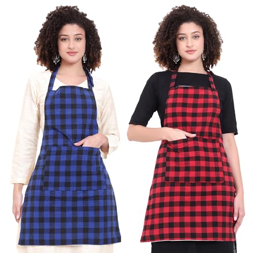 GLUN® Combo Blue Check & Red Check Apron, Pack of 2 Checkered Design Unisex Kitchen Aprons, Waterproof Back with 2 Centre Pocket & Adjustable Neck Strap - Image 1