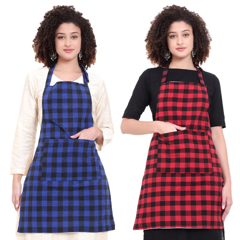 GLUN® Combo Blue Check & Red Check Apron, Pack of 2 Checkered Design Unisex Kitchen Aprons, Waterproof Back with 2 Centre Pocket & Adjustable Neck Strap - Image 5