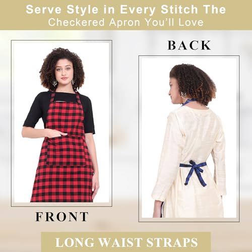 GLUN® Combo Blue Check & Red Check Apron, Pack of 2 Checkered Design Unisex Kitchen Aprons, Waterproof Back with 2 Centre Pocket & Adjustable Neck Strap - Image 3