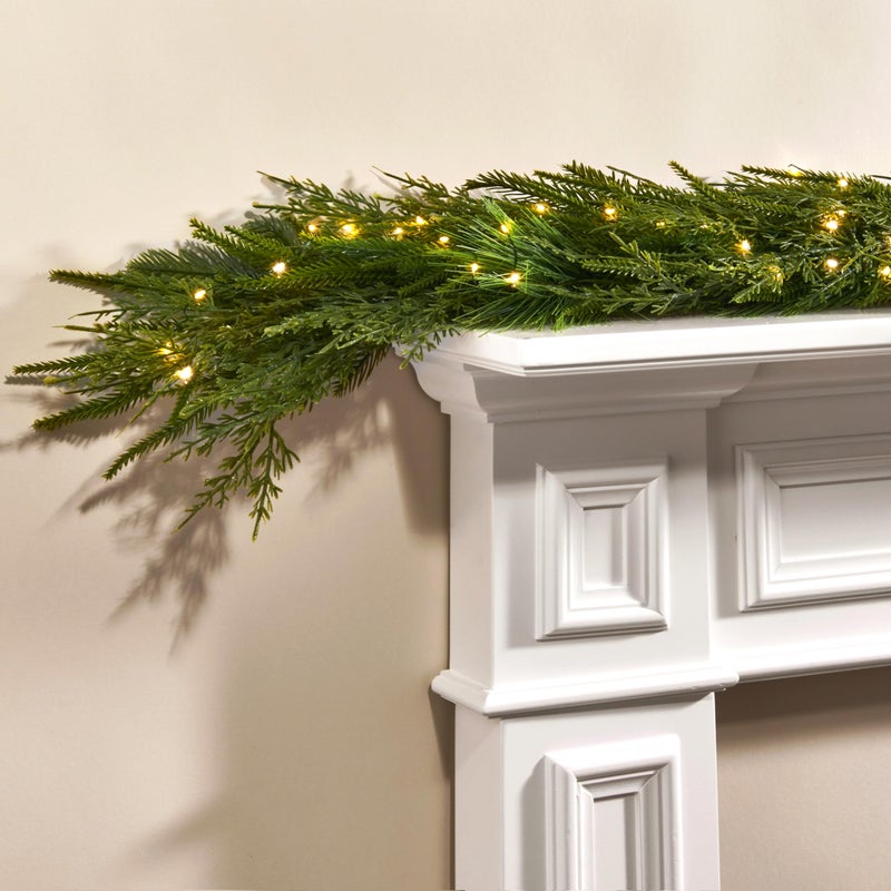 LampLust Mantle Garland with Lights Battery Operated 6 Ft Realistic Norfolk Pine Greenery Garland for Mantle All Year Round 100 LED Lights with Timer Table Top Decor for Dining Table