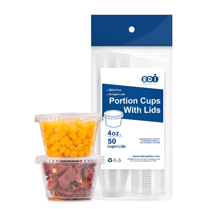 EDI 4 Ounce Clear Plastic Disposable Portion CupsSouffle Cup with Lids 50 Sets
