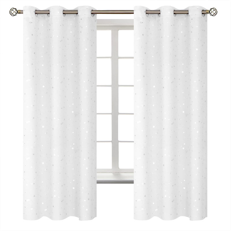 BGment Kids Blackout Curtains for Bedroom - Grommet Thermal Insulated Silver Star Print Room Darkening Curtains for Living Room  Set of 2 Panels (42 x 63 Inch  White) - Image 1
