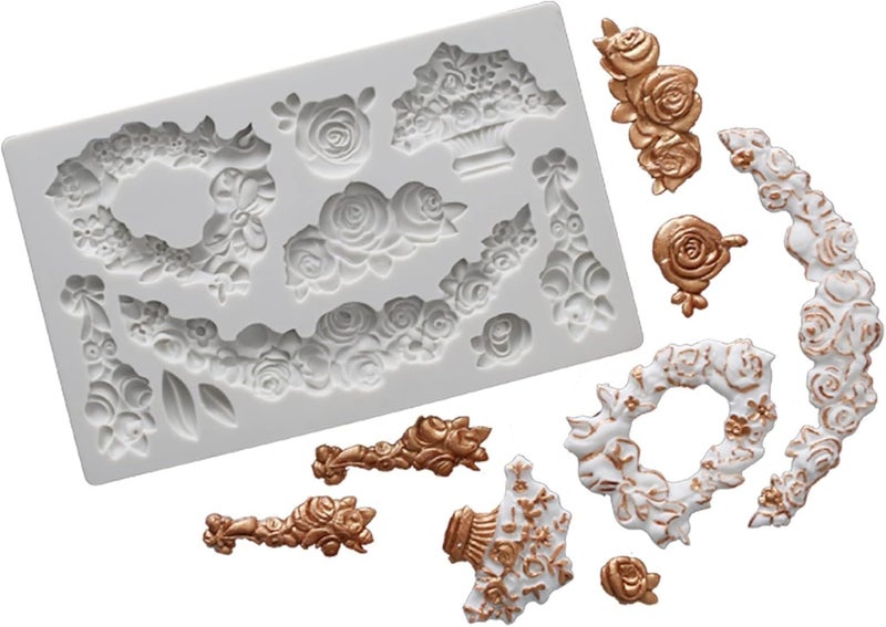 Skytail 10 Cavity EuropeanStyle Rose Pattern Fondant Silicone Mould Vintage Frame Style Design Cake Border Decoration Chocolate Candy Jelly Sugarcraft Gumpaste Cupcake Topper Resin Clay Crafting Mold - Image 1