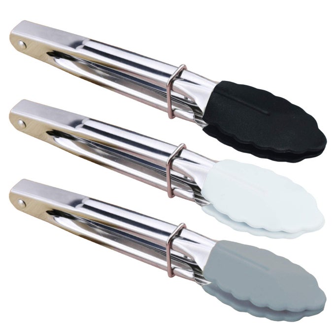 MINI TONGS WITH SILICONE TIPS 7INCH SMALL SERVING TONGS SET OF 3 BLACK WHITE GRAY