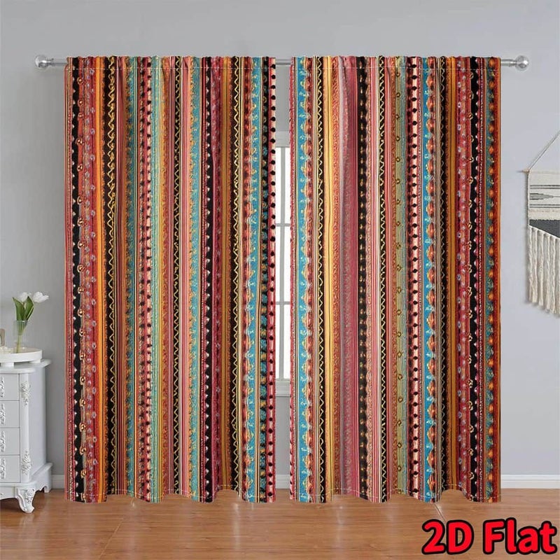 Set Of 2 Tribal Bohemian Striped Curtains Vibrant Vertical Design For Privacy Living Room Bedroom Dining Area Boho Style Window Coverings Home Decor 2pc 17.7x53.9 Inches - Image 1