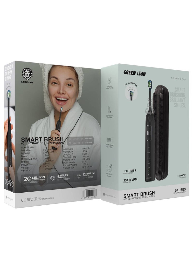 جرين ليون فرشاة أسنان كهربائية ذكية من جرين ليون، فرشاة أسنان فائقة الاتساع بزاوية 60 درجة مع محرك سيرفو متعدد الوظائف، توقيت ذكي لمدة دقيقتين، ما يصل إلى 80 استخدامًا ممكنًا لكل شحنة، بطارية 1500 مللي أمبير/ساعة، شحن من النوع C، دعامة سيليكون ناعمة، حقيبة سفر متضمنة، دوران 60 درجة، تذكير بالاهتزاز لمدة 30 ثانية - أسود - Image 2