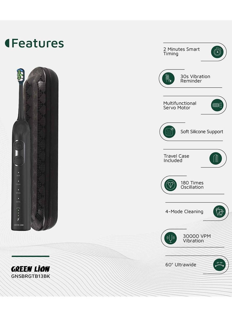 جرين ليون فرشاة أسنان كهربائية ذكية من جرين ليون، فرشاة أسنان فائقة الاتساع بزاوية 60 درجة مع محرك سيرفو متعدد الوظائف، توقيت ذكي لمدة دقيقتين، ما يصل إلى 80 استخدامًا ممكنًا لكل شحنة، بطارية 1500 مللي أمبير/ساعة، شحن من النوع C، دعامة سيليكون ناعمة، حقيبة سفر متضمنة، دوران 60 درجة، تذكير بالاهتزاز لمدة 30 ثانية - أسود - Image 3