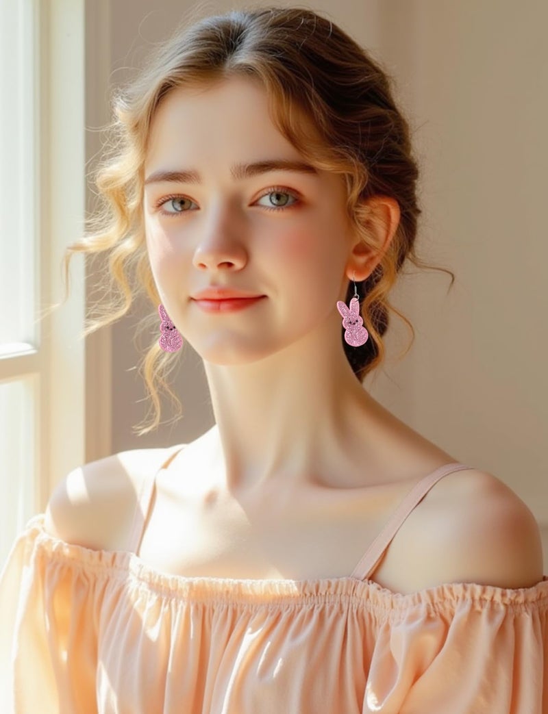 JSLOVFLO Easter Drop Acrylic Earrings Cute Bunny Egg Rabbit Colorful Flower Animal Dangle Spring Earrings for Women (Pink Rabbits) - Image 2
