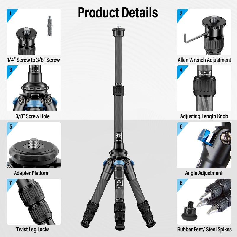 SIRUI Carbon Fiber Mini Travel Tripod with Two-Section Carbon Center Column, Max Height 26", Load up to 33lbs (AM-223+SL-100) - Image 2