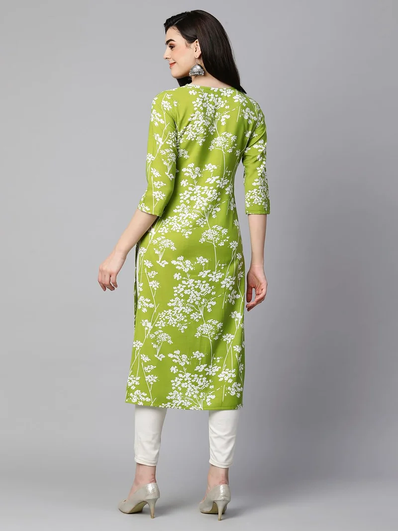 GoSriKi مزيج قطن نسائي بلون تشيكانكاري مطرز باللون الأخضر الكرتي المستقيم