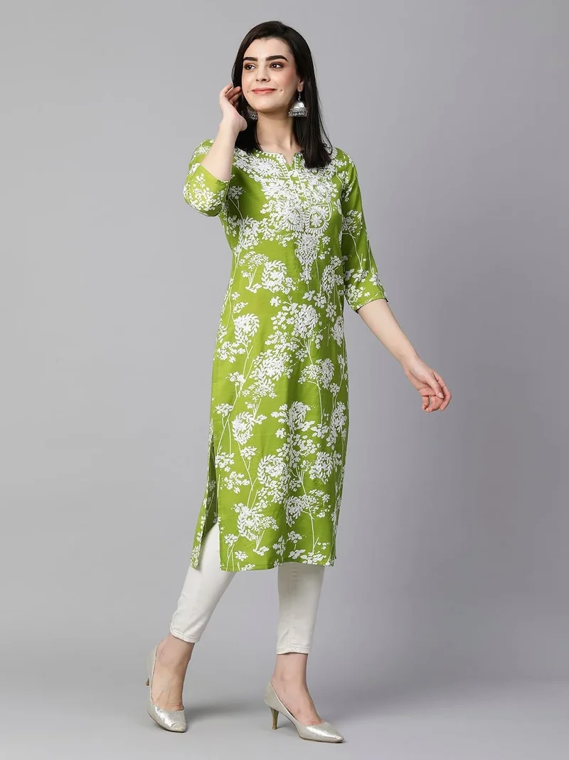 GoSriKi GoSriKi Women's Cotton Blend Chikankari Embroidered Straight Kurta (ZAINAB-GREEN-VGT-GS_L_Green_Large)