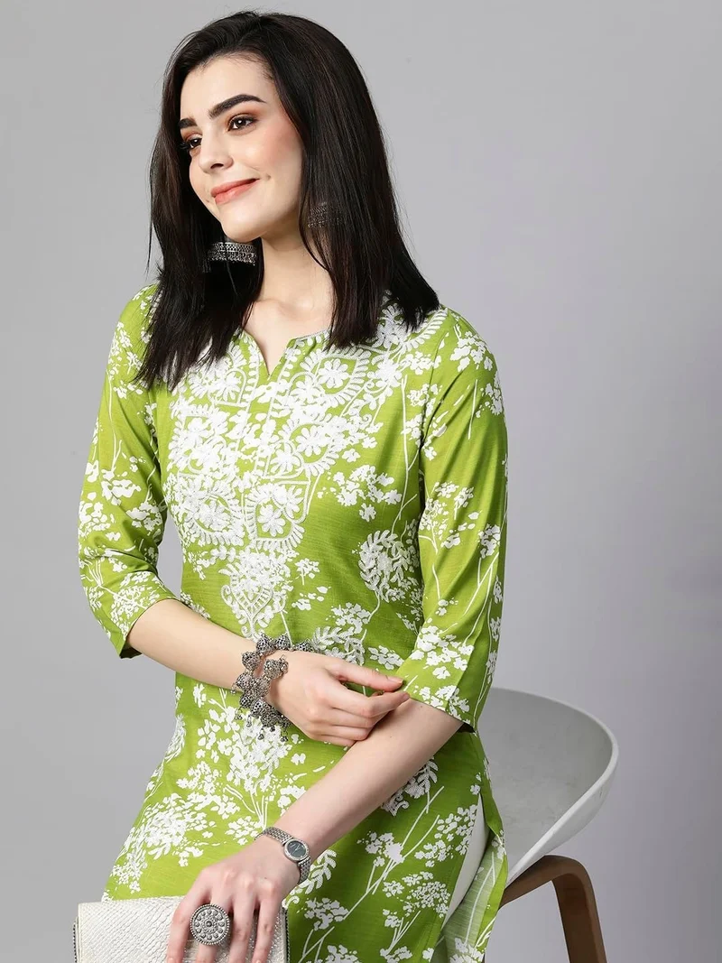 GoSriKi  GoSriKi Women's Cotton Blend Chikankari Embroidered Straight Kurta (ZAINAB-GREEN-VGT-GS_L_Green_Large) for Women | Best Price UAE
