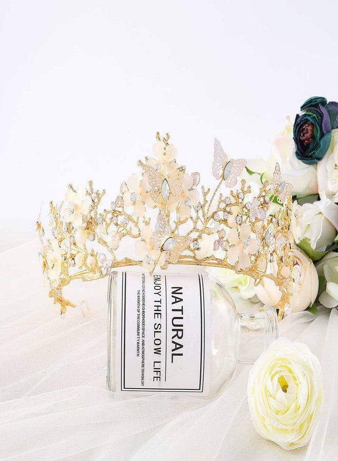 Foyte Butterfly Crowns and Tiaras Flower Rhinestone Bride Crown Baroque Queen Tiaras Pearl Headpiece for Women (Gold) - Image 2