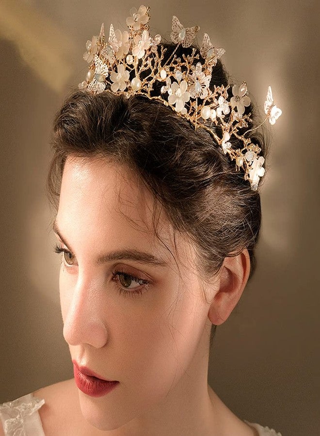 Foyte Butterfly Crowns and Tiaras Flower Rhinestone Bride Crown Baroque Queen Tiaras Pearl Headpiece for Women (Gold) - Image 4