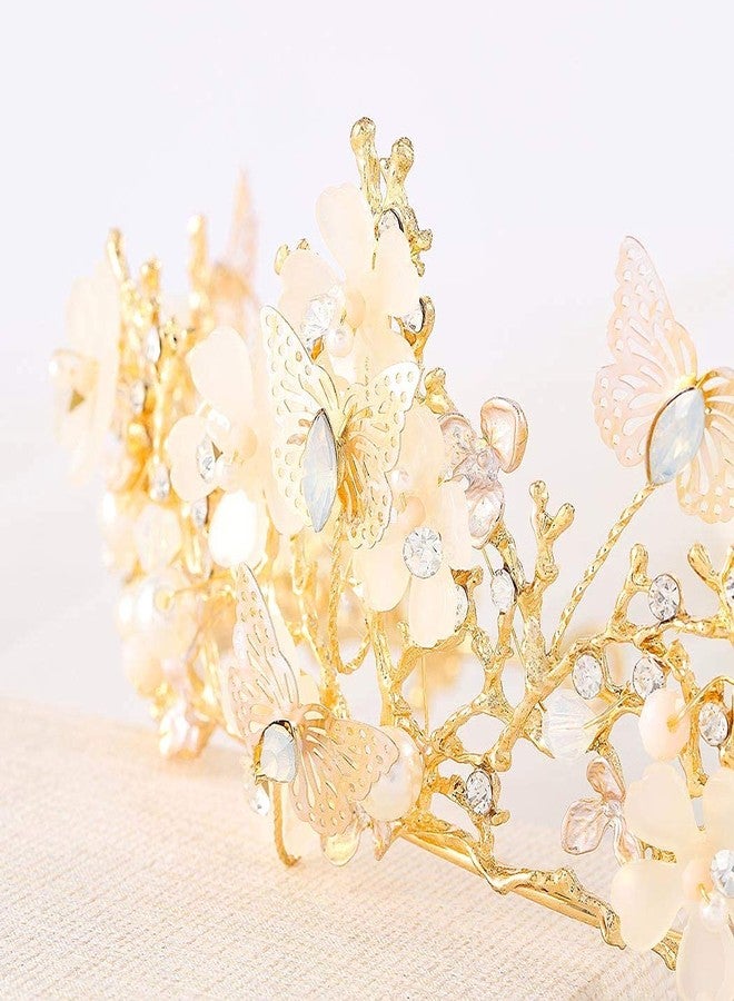 Foyte Butterfly Crowns and Tiaras Flower Rhinestone Bride Crown Baroque Queen Tiaras Pearl Headpiece for Women (Gold) - Image 5