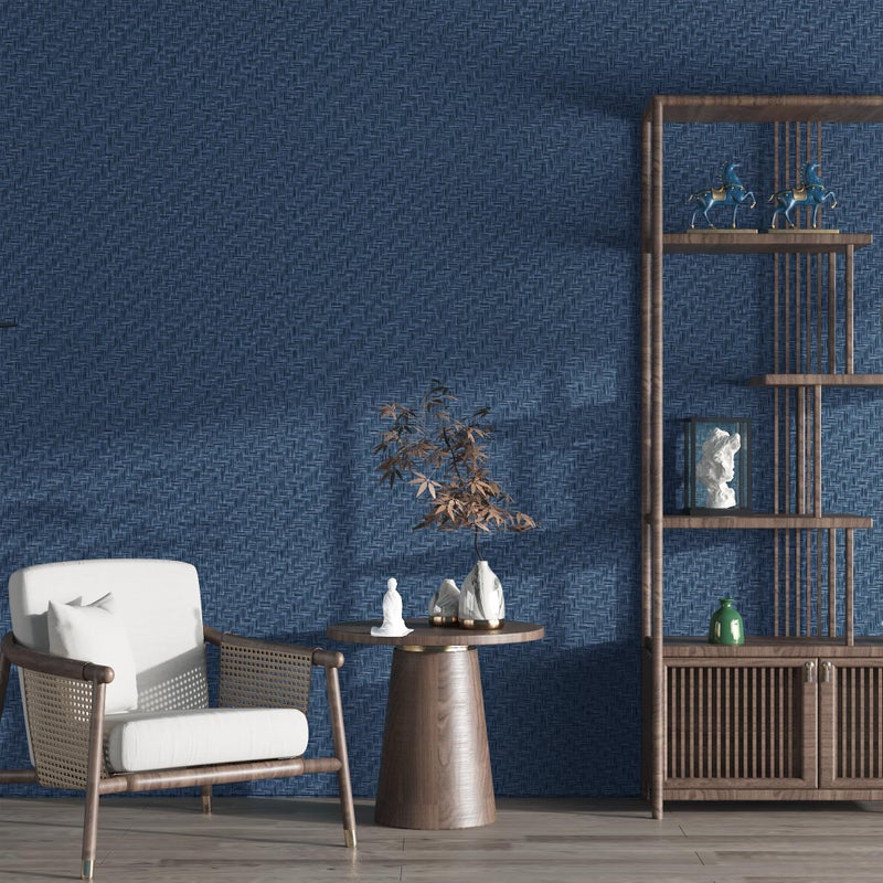 Haimin Fabric Wallpaper Textured Contact Paper (24in X 393in) Navy Blue Grasscloth Wallpaper Peel and Stick Faux Linen Wall Paper Self-Adhesive Vinyl Looks Like Woven Straw - Image 3