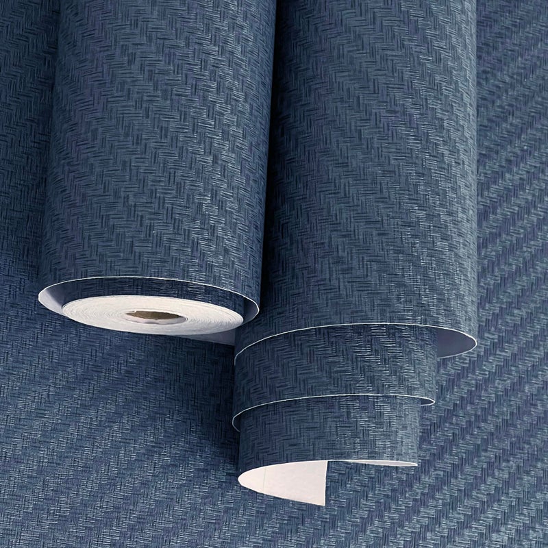 Haimin Fabric Wallpaper Textured Contact Paper (24in X 393in) Navy Blue Grasscloth Wallpaper Peel and Stick Faux Linen Wall Paper Self-Adhesive Vinyl Looks Like Woven Straw - Image 1