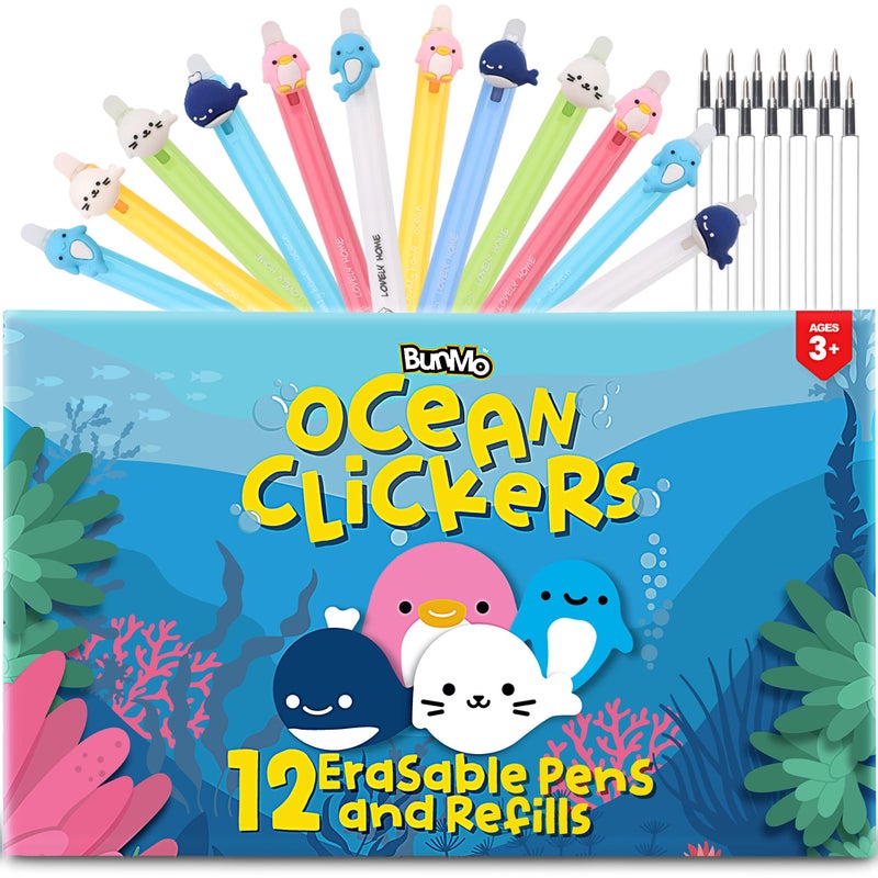 BUNMO 12 Cute Erasable Gel Pens with 12 Black Ink Refills Multicolor Animal Pens for Kids Make Mistakes Disappears Fine Point for School and Journaling - Image 2
