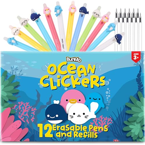 BUNMO 12 Cute Erasable Gel Pens with 12 Black Ink Refills Multicolor Animal Pens for Kids Make Mistakes Disappears Fine Point for School and Journaling - Image 1
