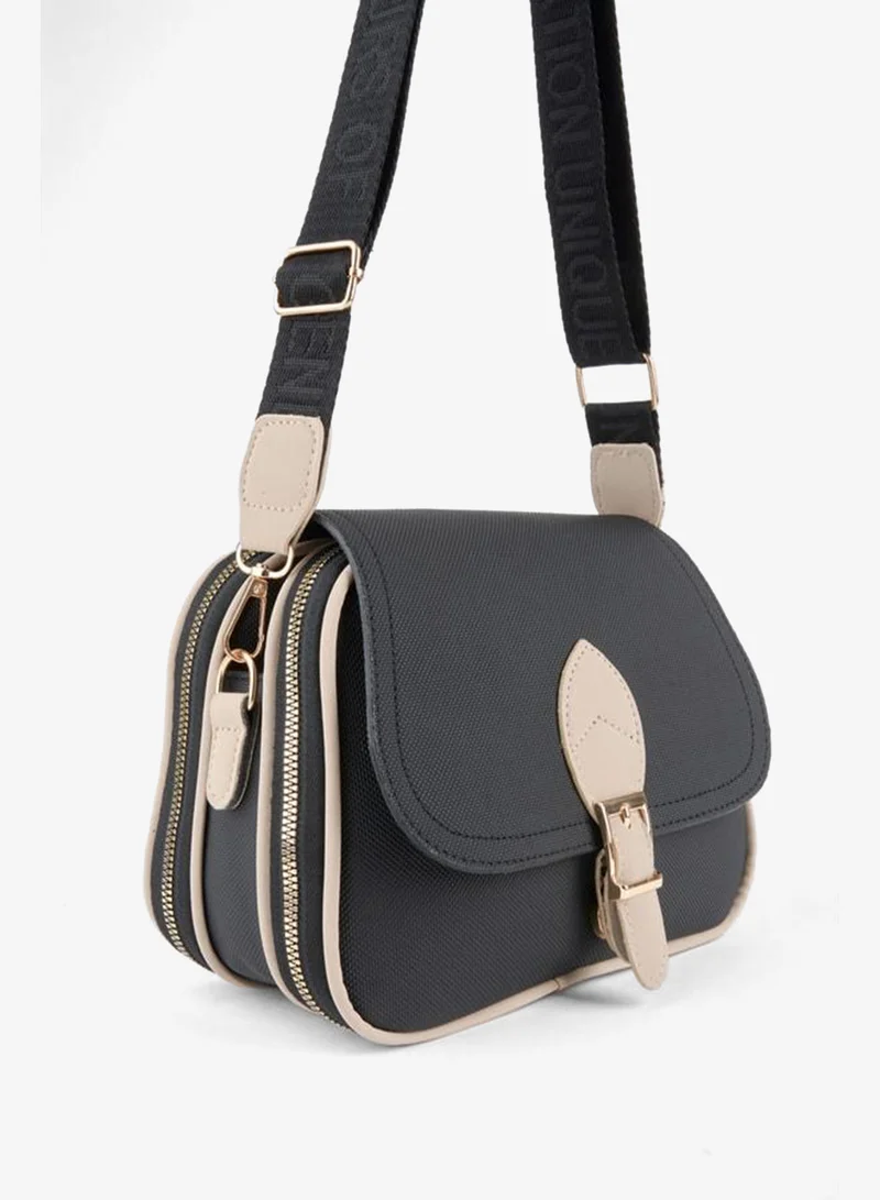 Women's Yonca Black Vizon 4‑Pocket Zipper and Snap Closure Shoulder Bag.