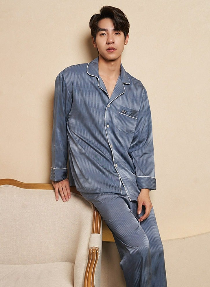 Loquat Men's Solid Color 2-Piece Set Loose Nightgown Sleepwear Long Sleeve Lapel Top And Pants Soft Loungewear Wear Pajamas Suit Dusty Blue 