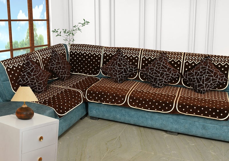 Dazzling DECOR Velvet L Shape Sofa Covers Set with 5 Cushion Covers- 7 Seater Sofa Slip Protector Covers for Living Room Decor-Heavy Fabric Slip Protector Protector for Long Couch Brown_1248 - Image 1