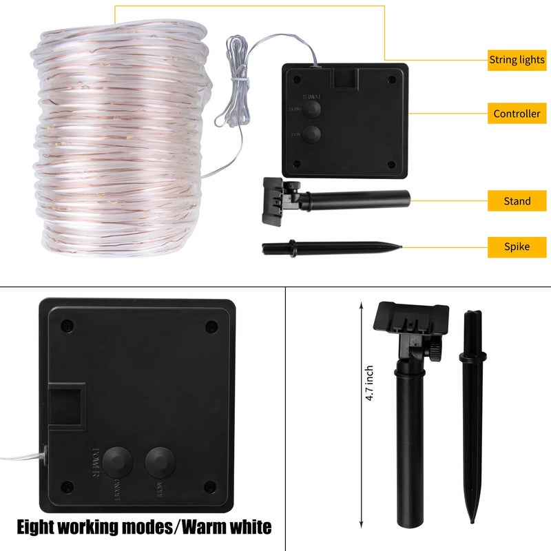 Brightown Solar Rope Lights, 39FT 100LED Outdoor Solar String Lights, IP65 Waterproof Solar Powered Fairy Lights with 8 Lighting Modes for Party Garden Yard Home Holiday Tree Decoration, Warm White - Image 5
