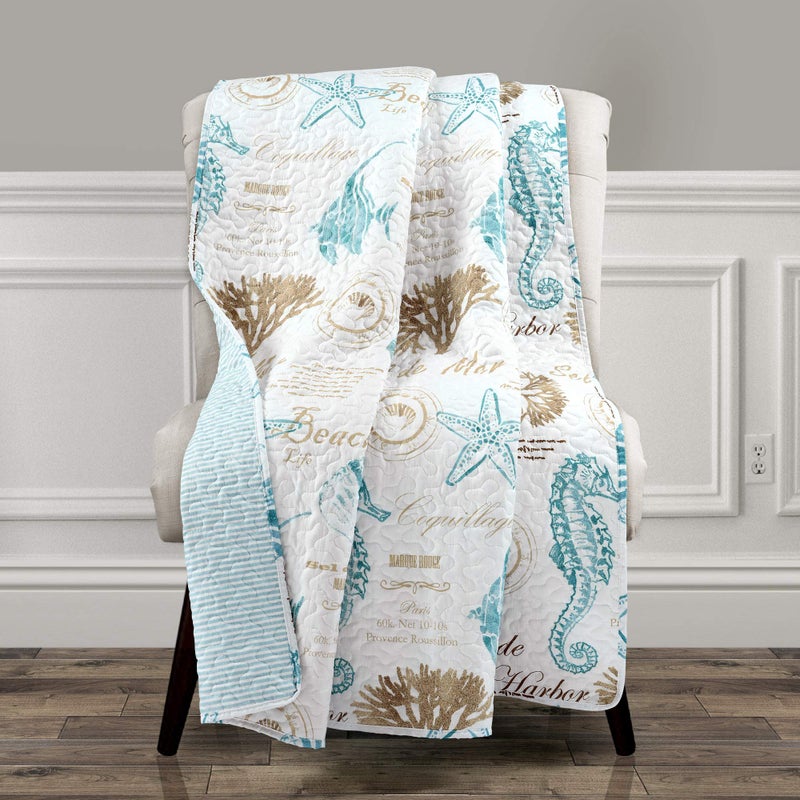 Lush Decor Lush Decor Harbor Life Throw Blanket 50 W x 60 L Blue  Taupe  Quilted Stripe Nautical Blanket  Beachy  Coastal Throw Blanket  Seahorse Blanket For Bed Couch Or Chair  Beach  Coastal Decor 