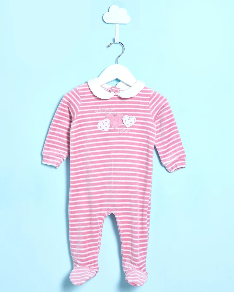 Redtag Pink Striped Velour Sleepsuit
