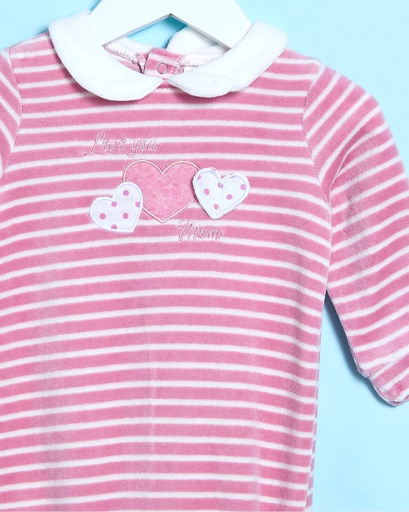 Redtag Pink Striped Velour Sleepsuit