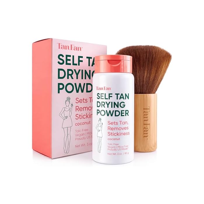 Tan Fan Self Tan Drying Powder Kit - Stop Sticky Feel After Spray Tan, Fake Tanner, Sunless Tanning - Inc Soft Large Body Brush - 100% Vegan Talc-Free Natural Translucent Light - Coconut 3oz USA Made