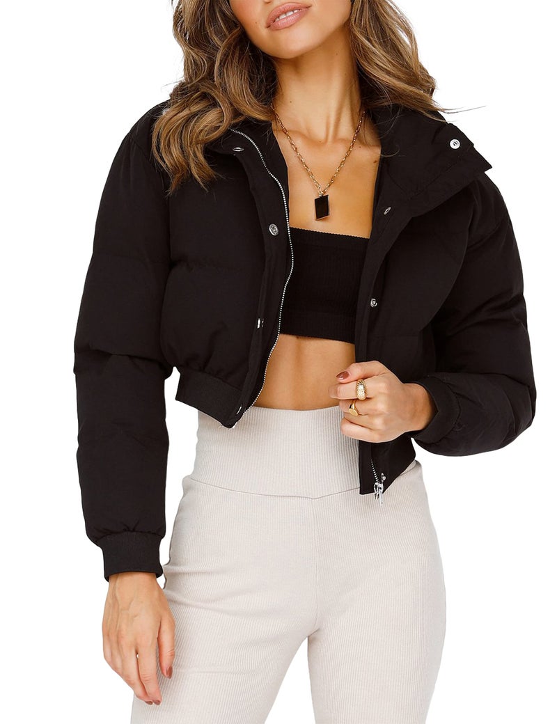 UANEO Womens Cropped Puffer Jacket Stand Collar Zip Up Winter Padded Down Coats Black Medium