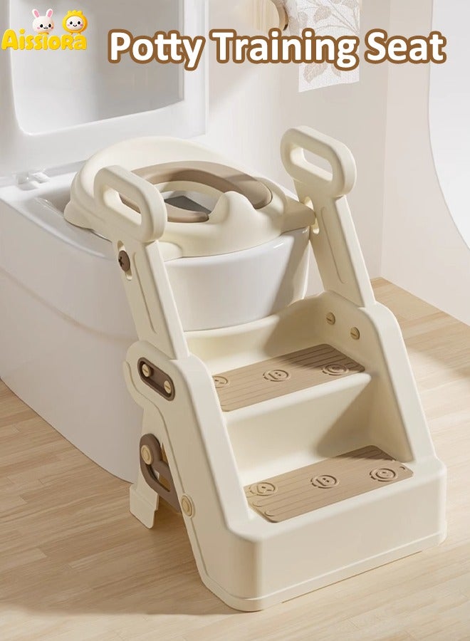 آيسيورا كراسي حمام اطفال مرحاض صغير مقعد تدريب على المرحاض، مقعد تدريب على المرحاض للأطفال مع مقعد للخطوات، كرسي نونية محمول قابل للطي مع مقبض حماية سلم ارتفاع قابل للتعديل، وسادة ناعمة باللون الأبيض للأطفال الصغار الأولاد والبنات - Image 1