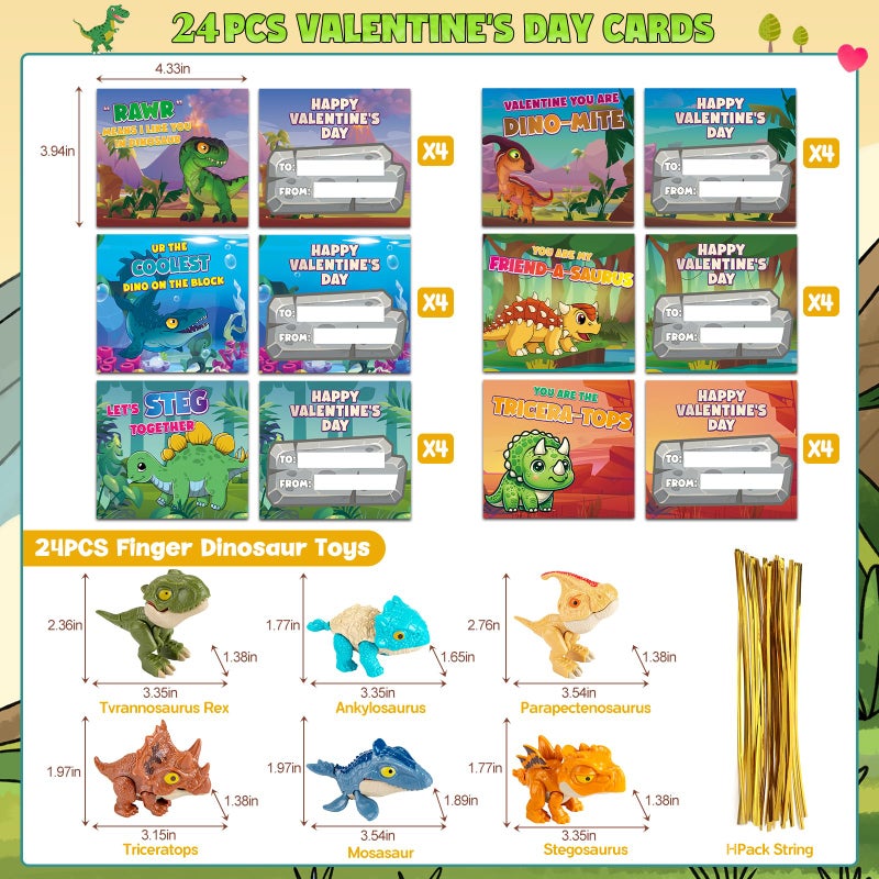 ShyLizard 24 Pack Valentines Day Cards for Kids with Dinosaur Toys, Valentines Cards for Kids School Classroom Bulk Valentines Gifts Exchange, Valentines Day Dinosaur Toys for Kids Girls - Image 2