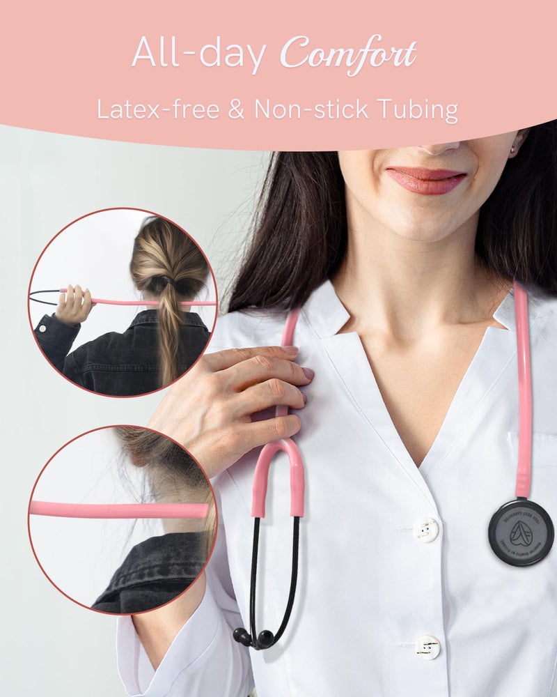 FriCARE Dual Head Stethoscope - Stethoscopes for Nurses, Medical Nursing Students, Paramedics/EMT/LVN/VNA Backup Estetoscopio, Aurora Pink Tube Matte Black Finish Chestpiece - Image 5