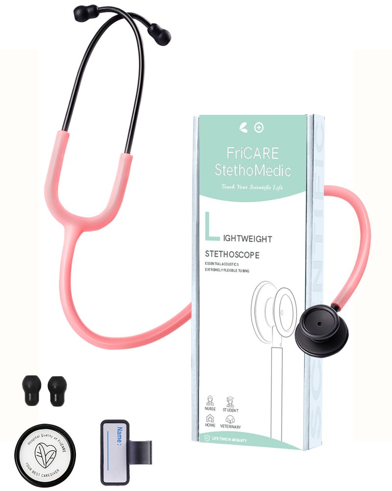 FriCARE Dual Head Stethoscope - Stethoscopes for Nurses, Medical Nursing Students, Paramedics/EMT/LVN/VNA Backup Estetoscopio, Aurora Pink Tube Matte Black Finish Chestpiece - Image 1