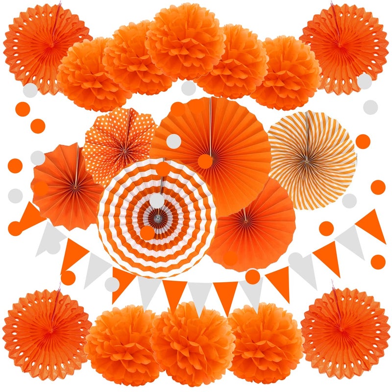 ZERODECO Party Decoration Orange 21 Pcs Hanging Paper Fans Pom Poms Flowers Garlands String Polka Dot and Triangle Bunting Flags