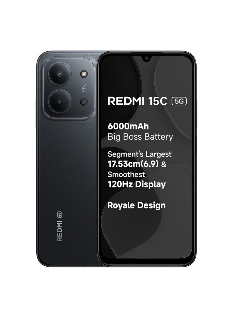 Xiaomi Redmi 15C 5G (Midnight Black, 8GB RAM, 128GB Storage) | MediaTek Dimensity 6300 5G Processor | 6000mAh Battery with 35W Fast Charging | 50MP AI Dual Camera | 120Hz Display | With Adapter - Image 1