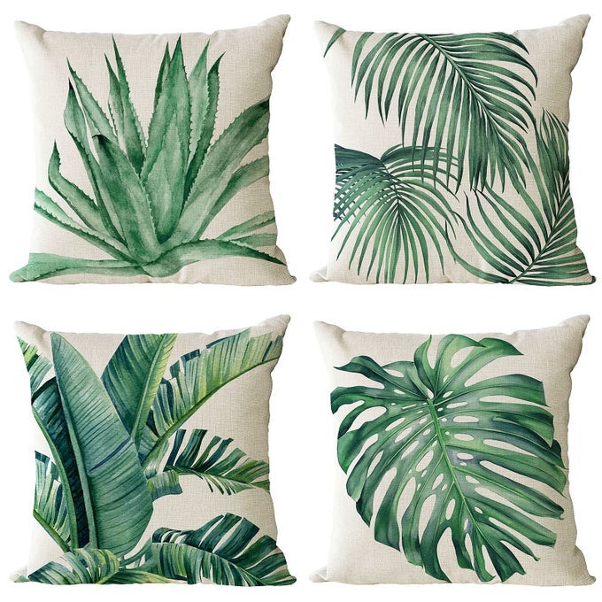 SET OF 4 GREEN PLANTS DECORATIVE THROW PILLOW COVERS 18X18 INCH SUMMER DECORATIONS LINEN SQUARE PILLOW CASES TROPICAL PLANTS OUTDOOR SOFA COUCH HOME BED DECOR CUSHION COVERS 18 BY 18