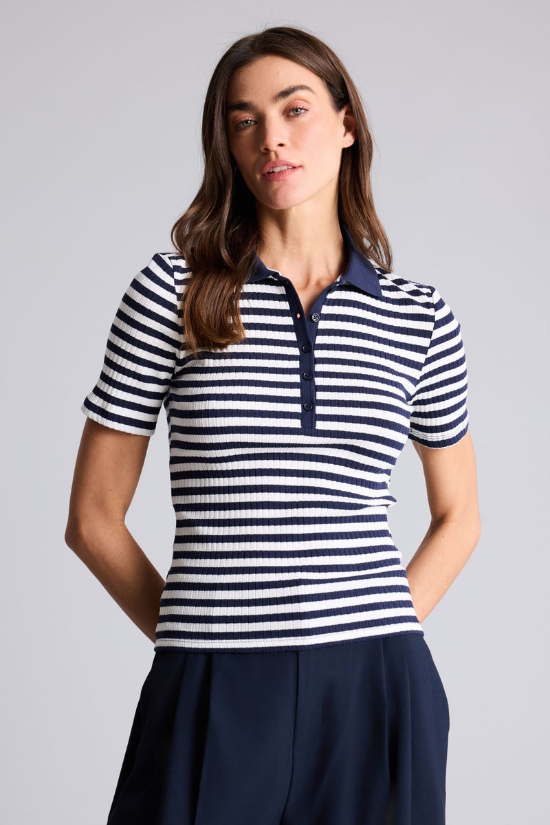 ديفاكتو تيشيرت بولو مخطط نص كم سليم فيت - Image 3