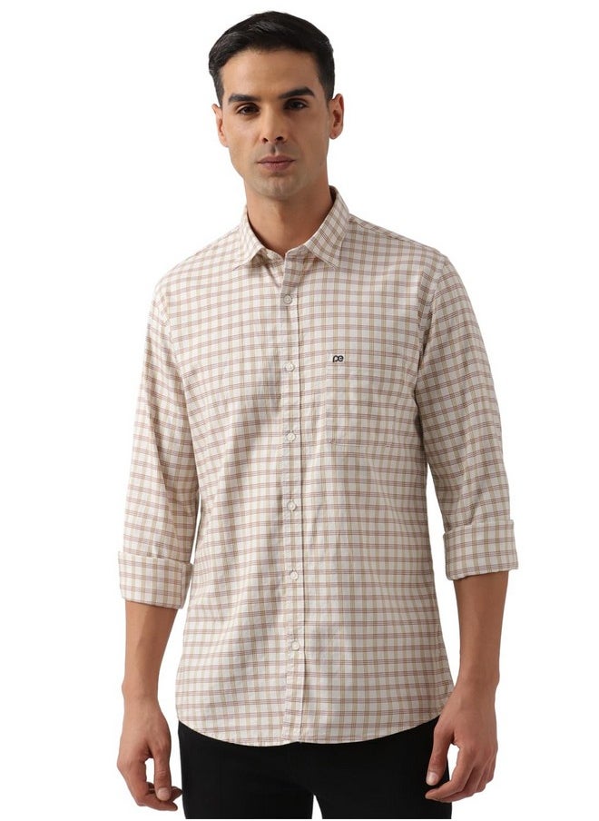 Peter England Peter England Men's Slim Fit Full Sleeve Checkered Casual Shirt | 100% Cotton | Premium Twill Weave Light Khaki  - Image 1