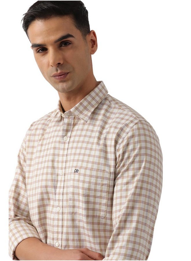 Peter England Peter England Men's Slim Fit Full Sleeve Checkered Casual Shirt | 100% Cotton | Premium Twill Weave Light Khaki  - Image 3