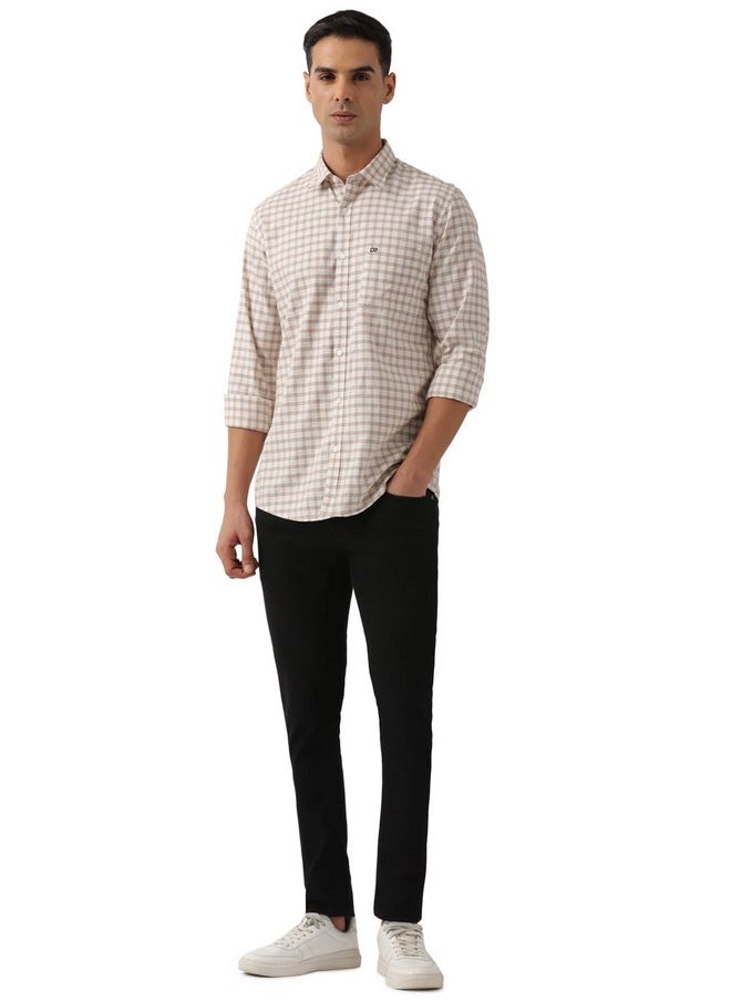 Peter England Peter England Men's Slim Fit Full Sleeve Checkered Casual Shirt | 100% Cotton | Premium Twill Weave Light Khaki  - Image 2