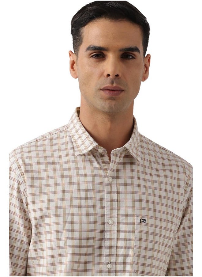 Peter England Peter England Men's Slim Fit Full Sleeve Checkered Casual Shirt | 100% Cotton | Premium Twill Weave Light Khaki  - Image 4