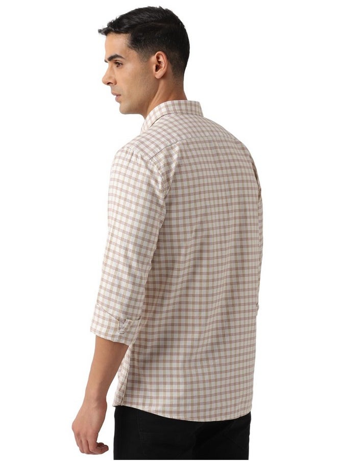Peter England Peter England Men's Slim Fit Full Sleeve Checkered Casual Shirt | 100% Cotton | Premium Twill Weave Light Khaki  - Image 5