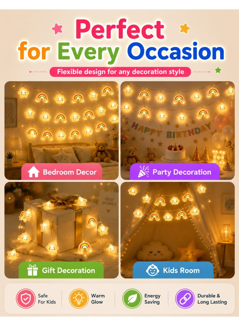 Helo Kuki أضواء خيطية LED سحرية على شكل نجوم وقوس قزح 3م 20 LED – أضواء خرافية دافئة لغرفة الأطفال، غرفة النوم، الحفلات وزينة الهدايا، أضواء معلقة على شكل سحاب ونجوم - Image 4