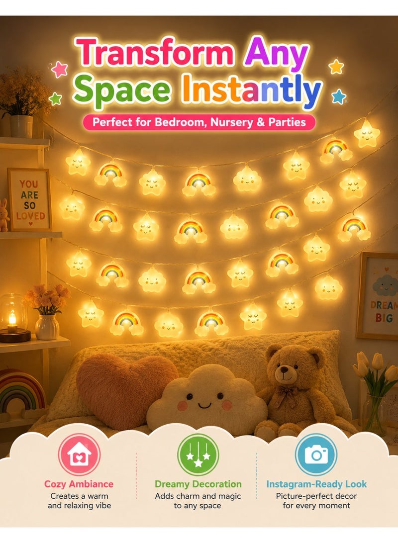 Helo Kuki أضواء خيطية LED سحرية على شكل نجوم وقوس قزح 3م 20 LED – أضواء خرافية دافئة لغرفة الأطفال، غرفة النوم، الحفلات وزينة الهدايا، أضواء معلقة على شكل سحاب ونجوم - Image 2